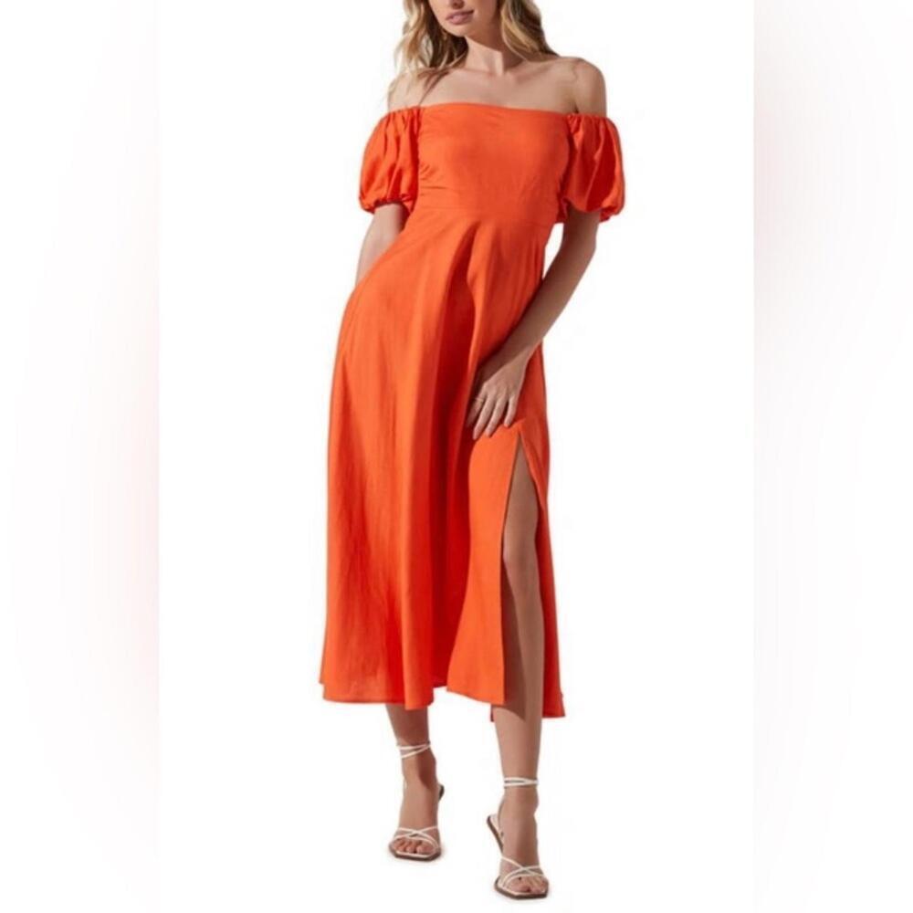 ASTR The Label Orange Off The Shoulder Midi A-Line Dress - Size Medium